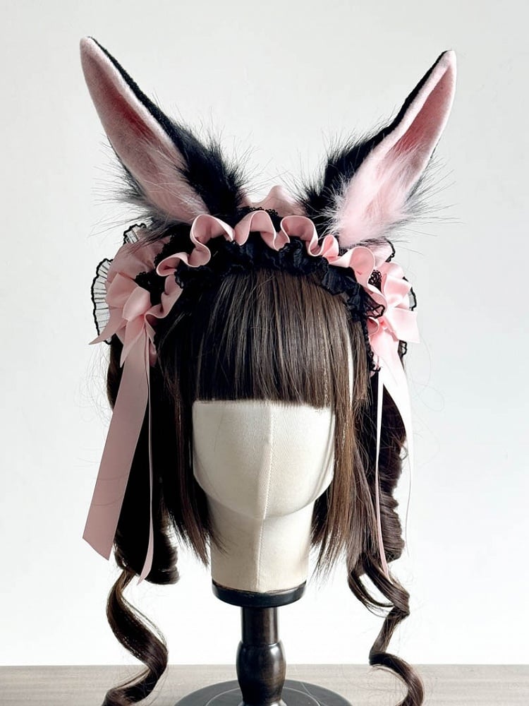 Pink Ears and Red/Pink/Black Rabbit Daisy with Hairband Decoration Lolita Lace