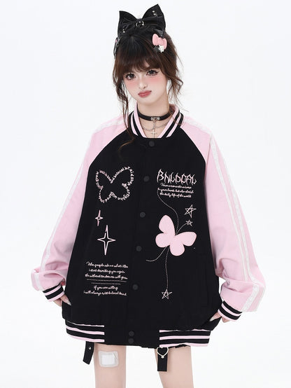 Black and Pink Colorblock Design Butterfly Baseball Jacket
