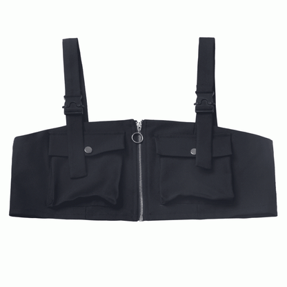 Details Schulter Techwear Reißverschluss Weste Druckknopfriemen Schwarze Tasche