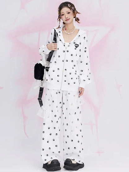 White Cat Paws Allover Straight-leg Cut Casual Pants