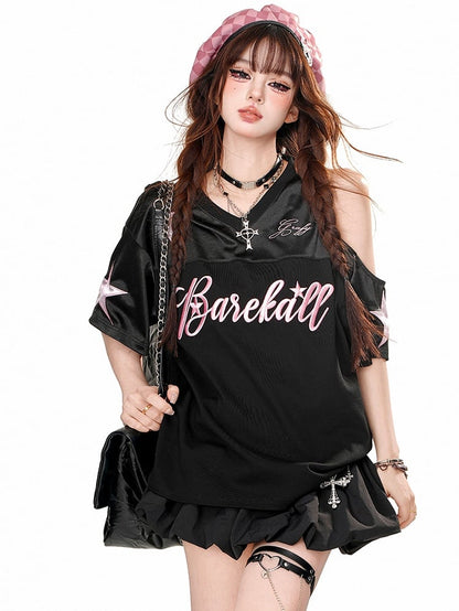 White/Black Letters Cutout Shoulder V-neck Sporty T-shirt