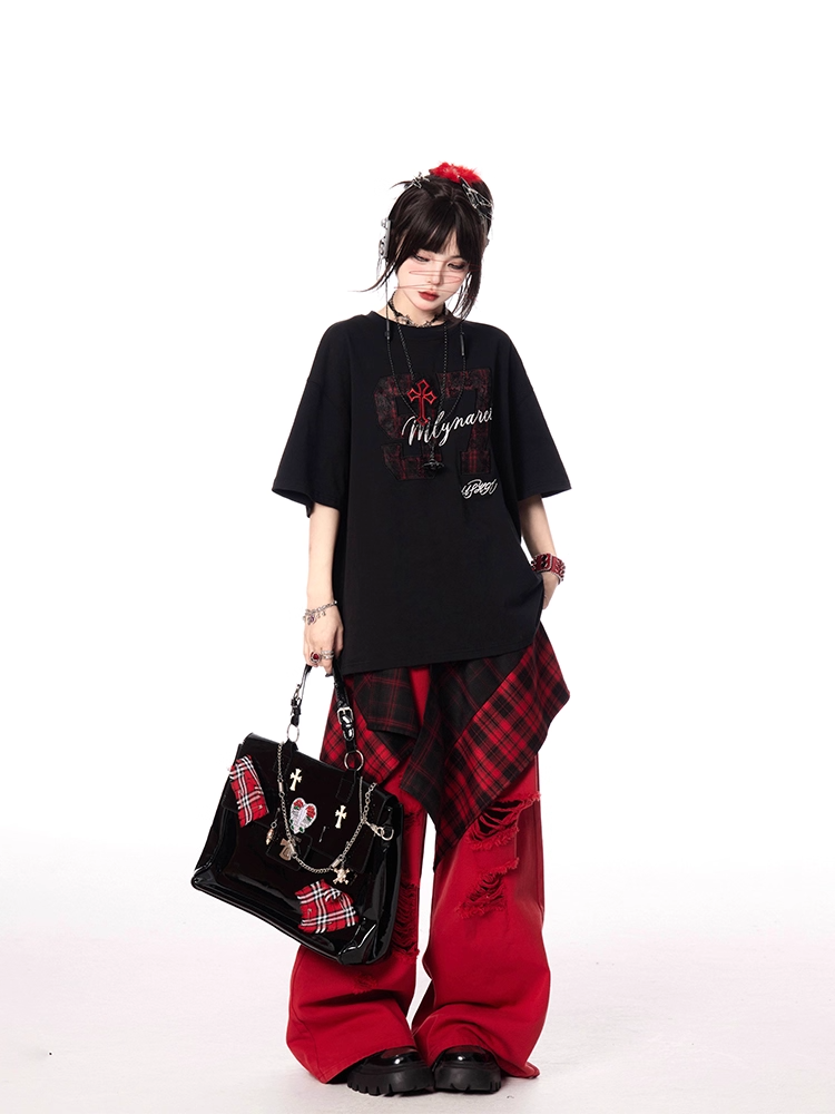 Letter and Print T-shirt Oversize Number Black Round Neck