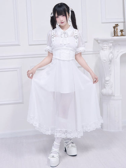 Free Belt Neckline Buckle Jirai Kei White Long Dress Illusion Accents Corset with