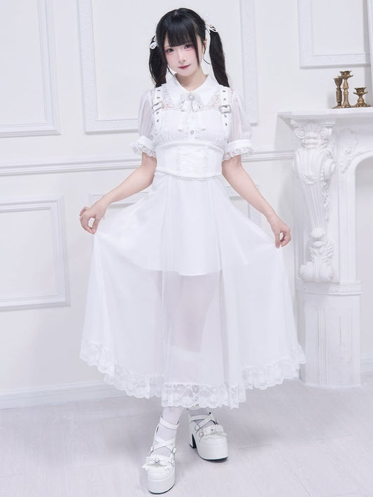 Free Belt Neckline Buckle Jirai Kei White Long Dress Illusion Accents Corset with