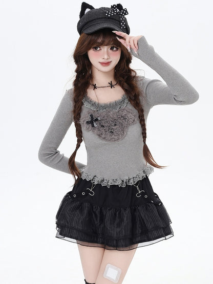 White/Grey/Black Plush Puppy Applique Lace Trim Knit Top