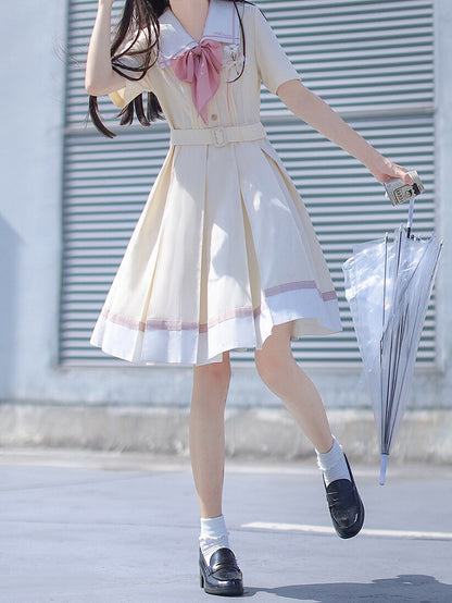 with Pleat Box Sailor Yellow Milk Waist Dress Skirt Collar Belt