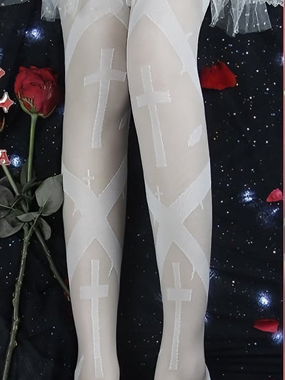 Cross Overknee Stockings Black/White Print Gothic
