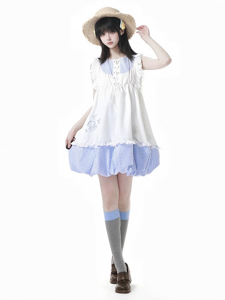 Bubble Skirt Plaid Flutter Sleeves Dress Blue Seashell and Starfish Embroidery White and