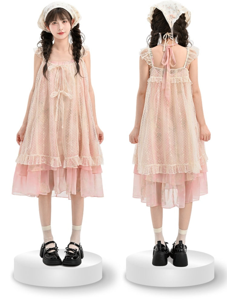 Sleeves Neck Tiered Slip Skirt Polka-dot Dress+Flutter Overdress Yume Kawaii Pink Set-	Halter Two-pieces