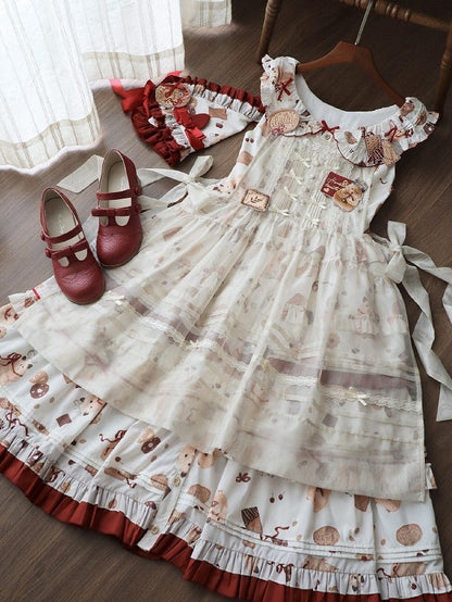 Set süßer Hamster, dreieckiges rotes Kekskleid, Kopftuch und bedruckte Lolita-Broschen, Schürze, voll + weiß
