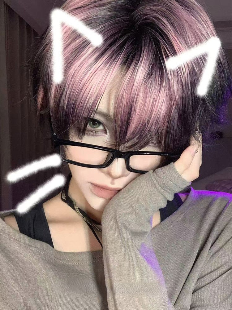 Black Color Length Highlight 35CM Short and Ouji Pink Wig Hair