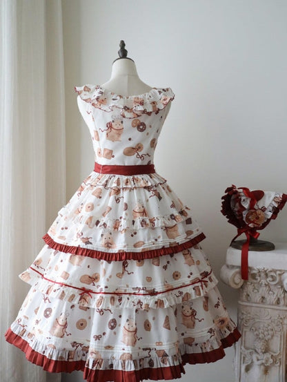 Print Red Ruffle and Sweet Cookie Lolita Dress White Hem Hamster
