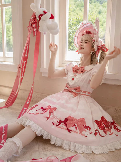 Short Bows Pink Piece One Sweet Dress and Sleeves Print Lolita Bunny