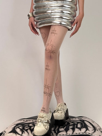 Print White And Heart Star Tights