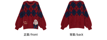 Snow White Princess Red Diamond Pattern Mohair Loose Sweater