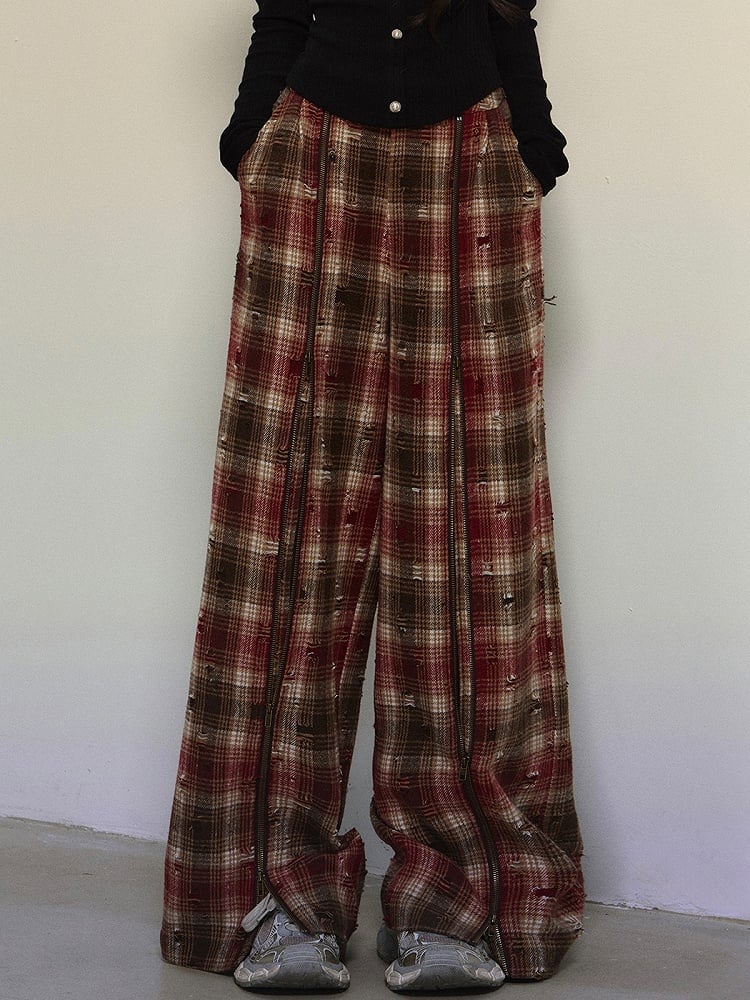 Red Zipper Straight Leg Cut Plaid Pants