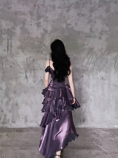 Dark Purple Asymmetrical Layered Flounce Spaghetti Strap Prom Dress Evening Gown
