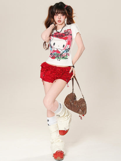 Glamorous Ruffles Trim Shorts Black/Red Bittersweet