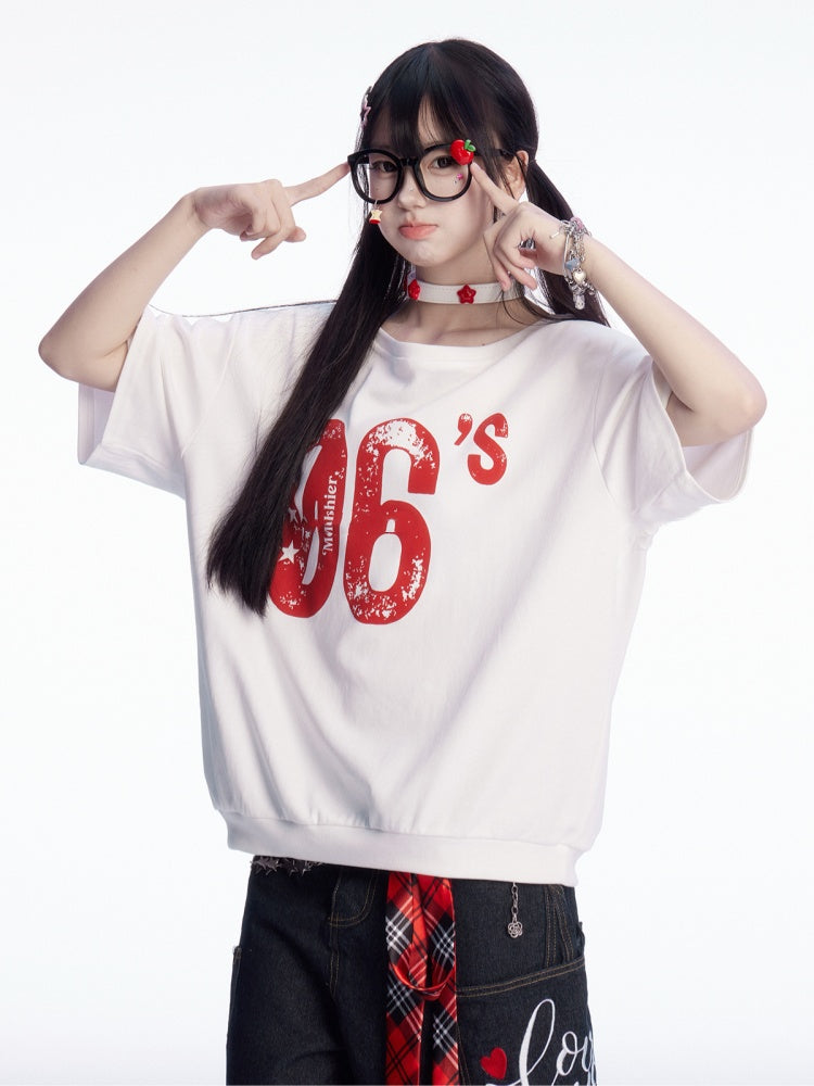 Vintage Number Print White Asymmetrical Neckline T-shirt