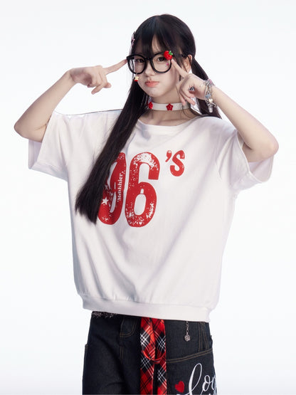 Vintage Number Print White Asymmetrical Neckline T-shirt