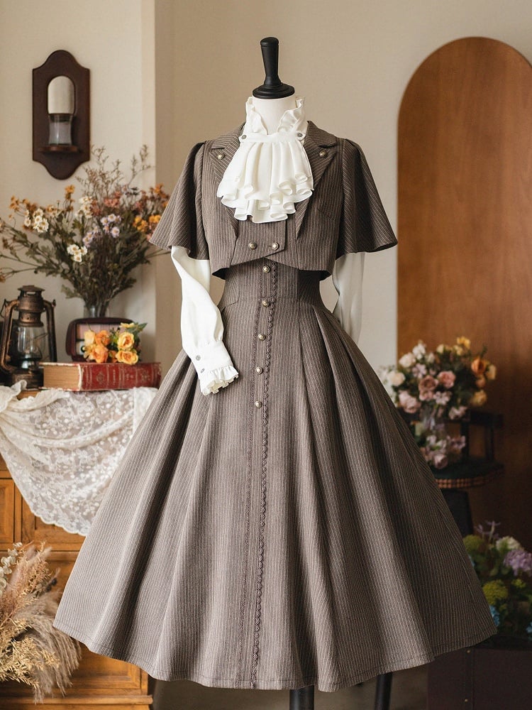Jupe Lolita vintage taille haute à baleines marron élégante