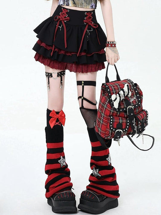 and at Red Black Lace-up Tiered Punk Y2K Waist Details Rock Skirt