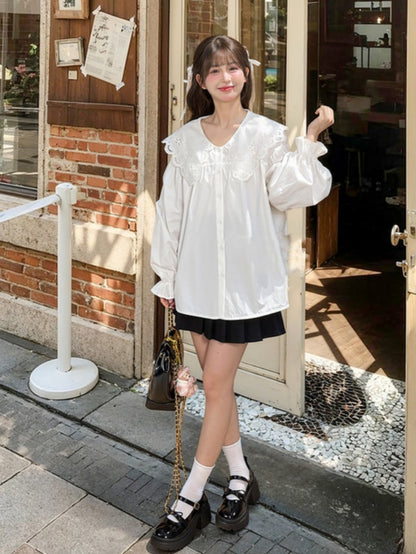 White Oversized Lace Collar Ruffled Cuff Loose Blouse