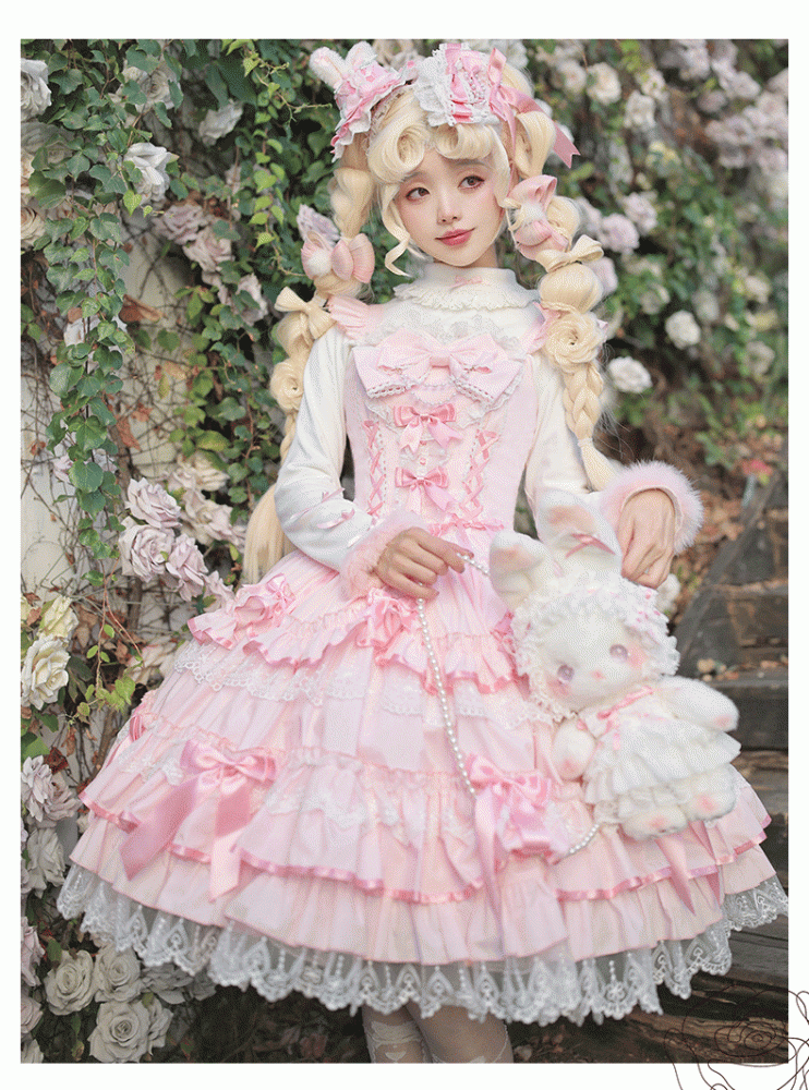 Skirt Sleeves Jumper Old School Lolita Cotton Flutter Pink Dress Lace-up Waist Lace Trim