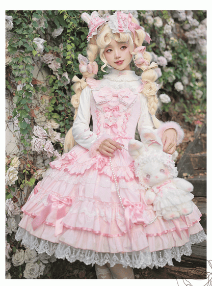 Skirt Sleeves Jumper Old School Lolita Cotton Flutter Pink Dress Lace-up Waist Lace Trim