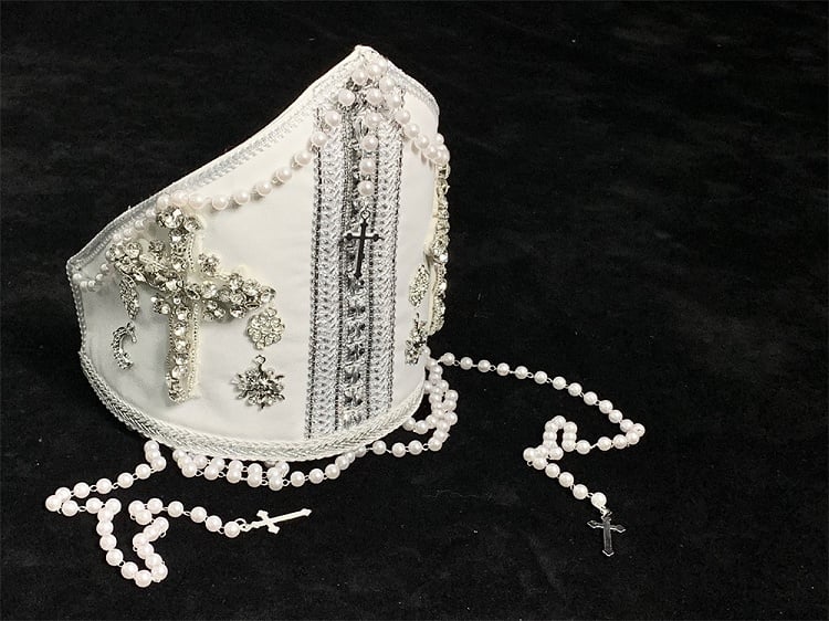 Miter Cross Decorated Beaded Chain White with Papal Bead