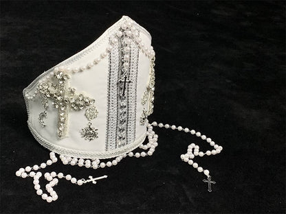 Miter Cross Decorated Beaded Chain White with Papal Bead