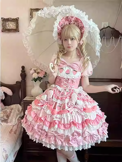 Four-pieces Pink Lolita Sweet Set-Tiered Creamy Strawberry Bunny