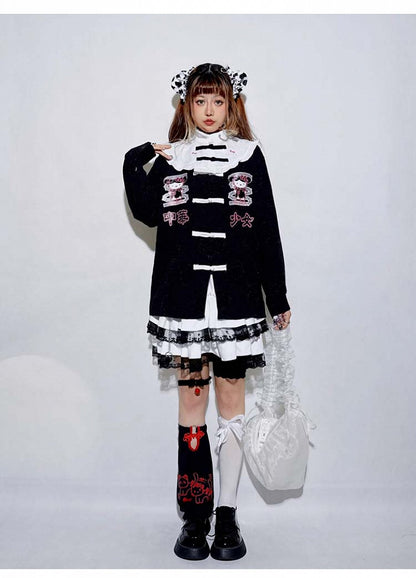 Black/Blue Long Sleeves Kitty Banded Collar Jirai Kei Top