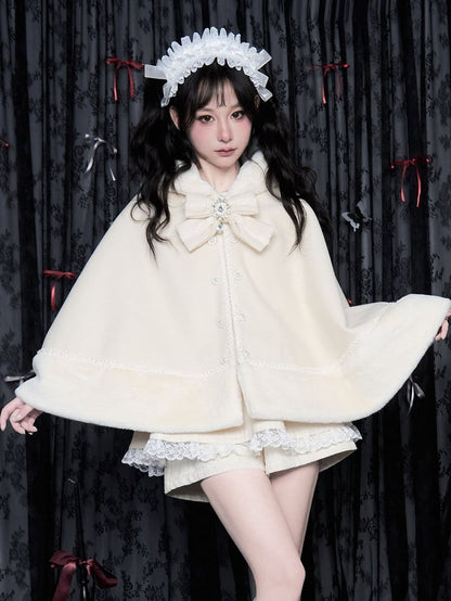 Detachable Jirai Kei Plush Trim Milk Hooded Cape with Big Bow White