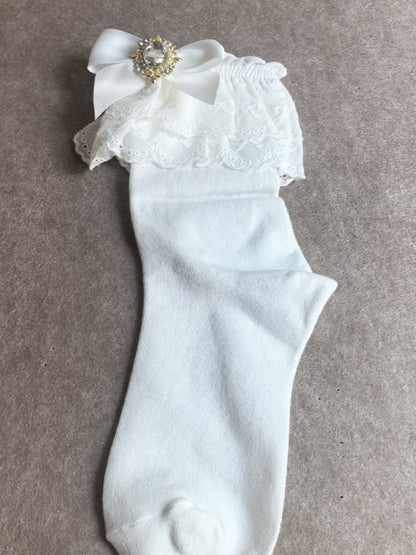 White Calf Ruffled Jirai Cuff Kei Bowknot Pink/Blue/Purple/White/Black/Beige Socks With Details