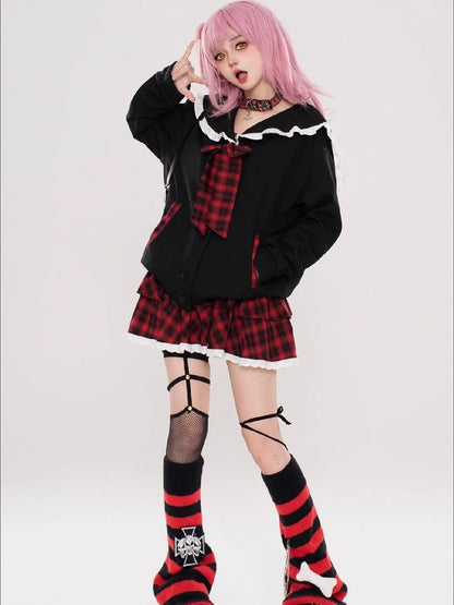 Black Sailor Collar Front Button Placket Top with Free Bowtie