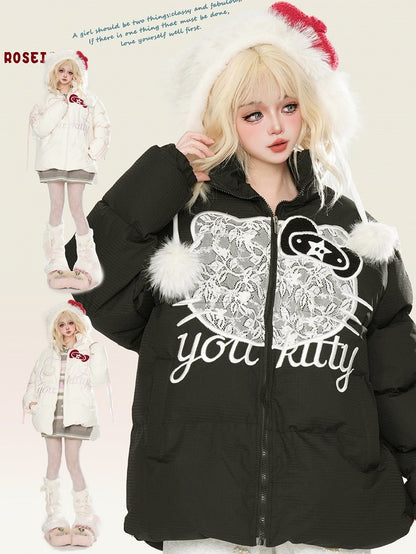 Black/White Kitty Lace Applique Puffer Jacket Bowknot Details