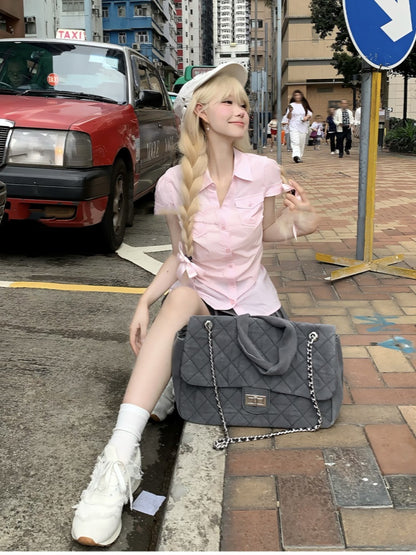Pleated Skirt Style Preppy Sweet Pink Short Sleeve Shirt/Gray Mini