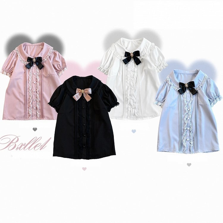 Short Sleeve Blouse Peter Pan Collar Jirai Kei Black/Pink/Blue/White