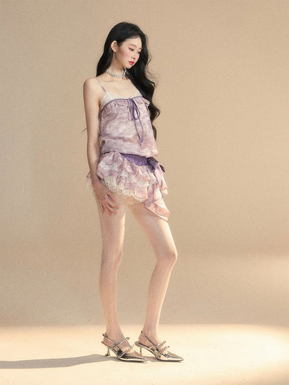Lavender Oil Strap Tiered with Skirt Slip Dress Mini Painting Self-tie