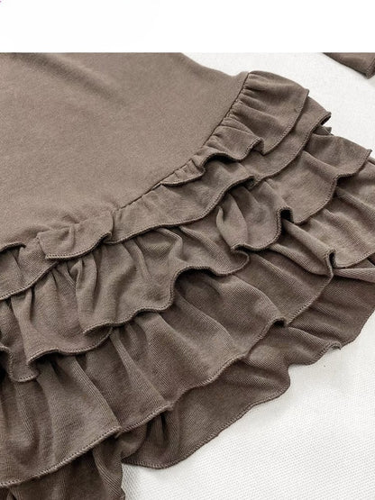 Vintage Brown Round Neck Lace Trim Glamorous Slim-fitting Mini Tiered Dress