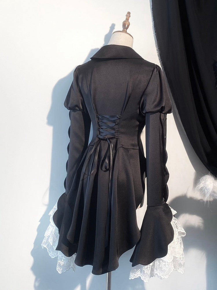 Black Pointed Foldover Collar Ouji Gothic Lolita Long Sleeves Tail Shirt