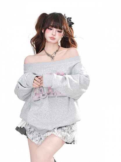 Brown/Gray Off-the-shoulder Neckline Letter Loose Sweatshirt