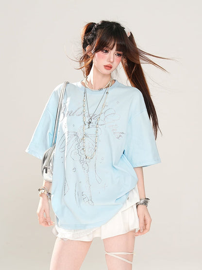 T-Shirt Loose Blue/White Key and Bowknot Print Lace Trim