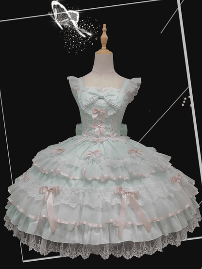Lace-up Waist Lace Trim Sleeves Old School Lolita Cotton Green Mint Jumper Flutter Skirt Dress
