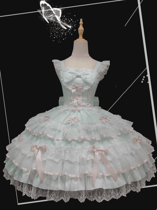 Lace-up Waist Lace Trim Sleeves Old School Lolita Cotton Green Mint Jumper Flutter Skirt Dress