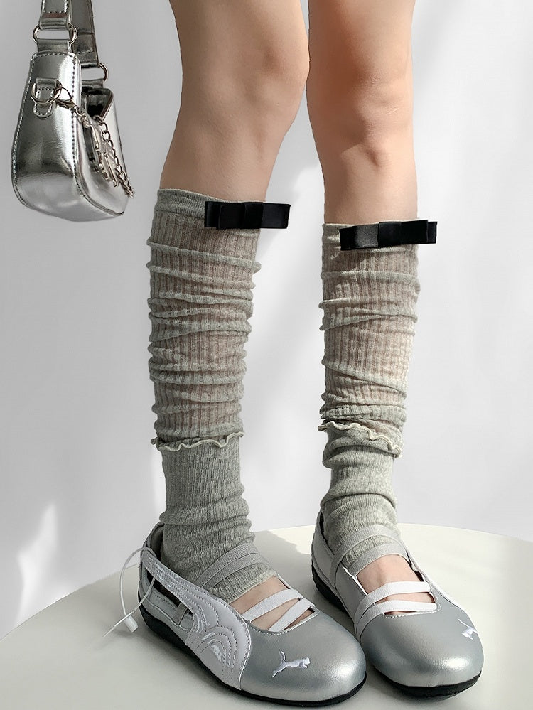 Trim Sleeves Ribbed Bowknot White/Gray Details Leg