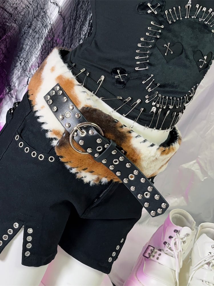 Black Studs and Rings Plush Buckle Belt