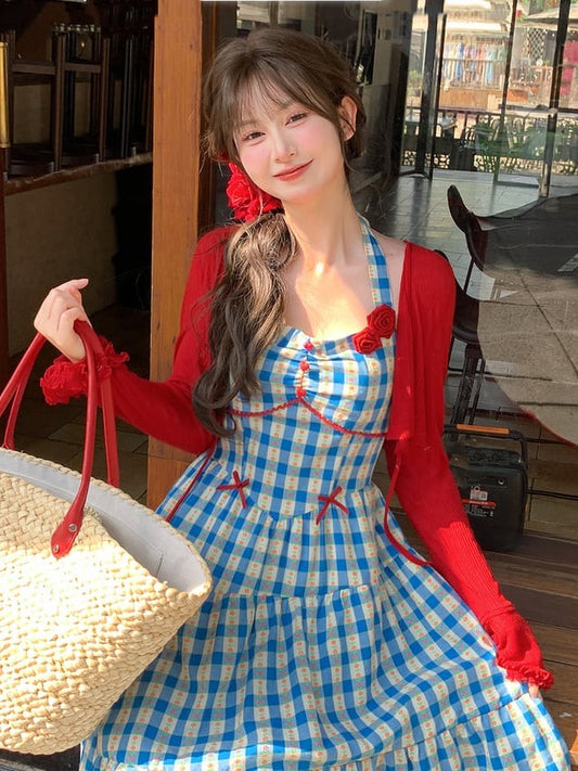 Knit Cardigan with Self-tie Strap Vintage Sweet Red Ruffled Cuffs