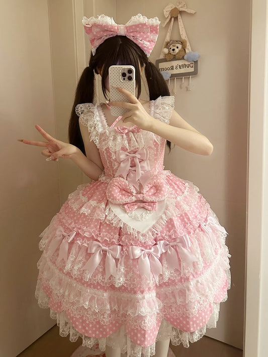 Pink Jumper Pattern Accents Skirt School Bow Dress Dots Sweet Polka Old Lolita